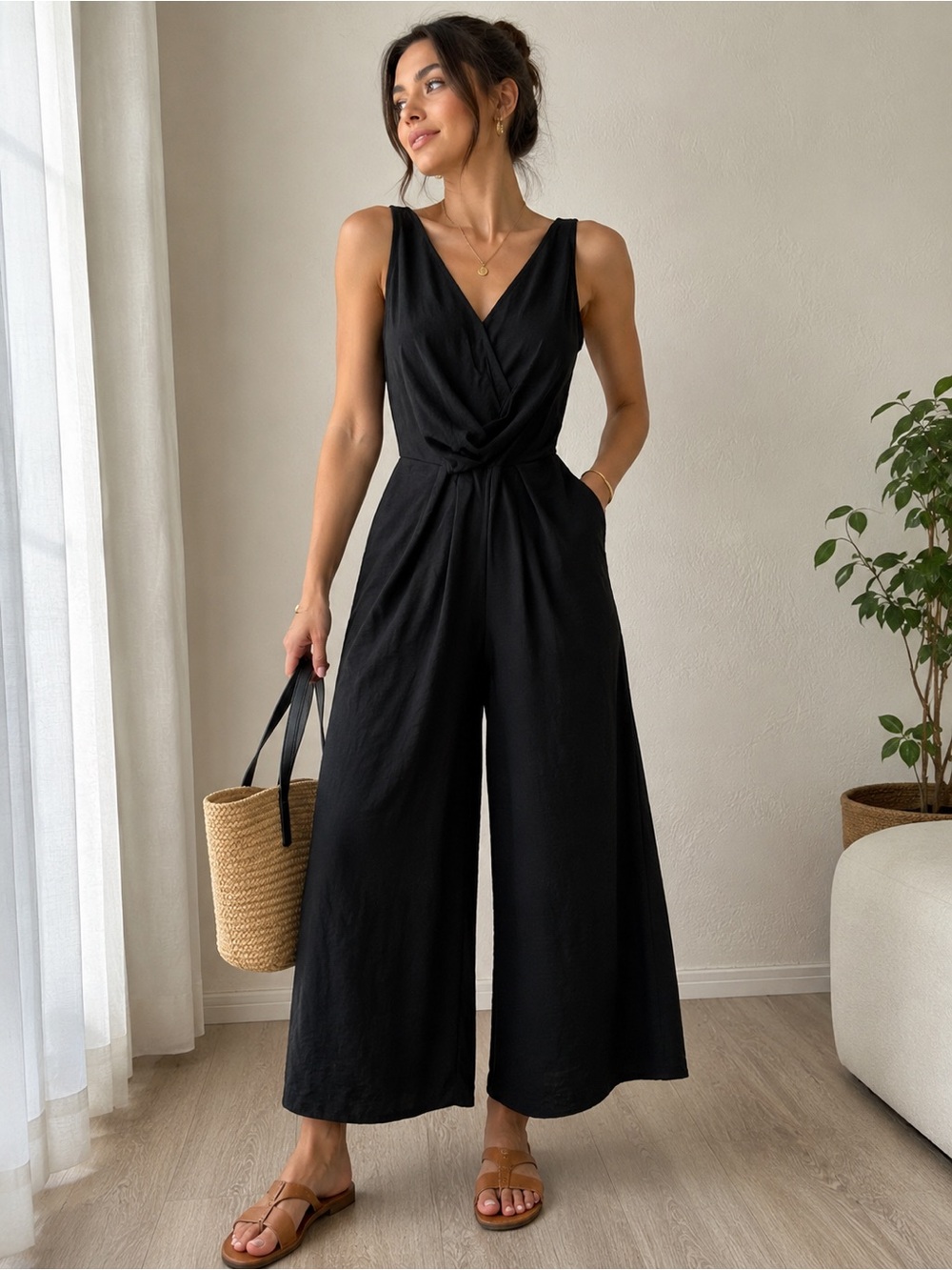 Black Wrap-Front Sleeveless Romper - Black